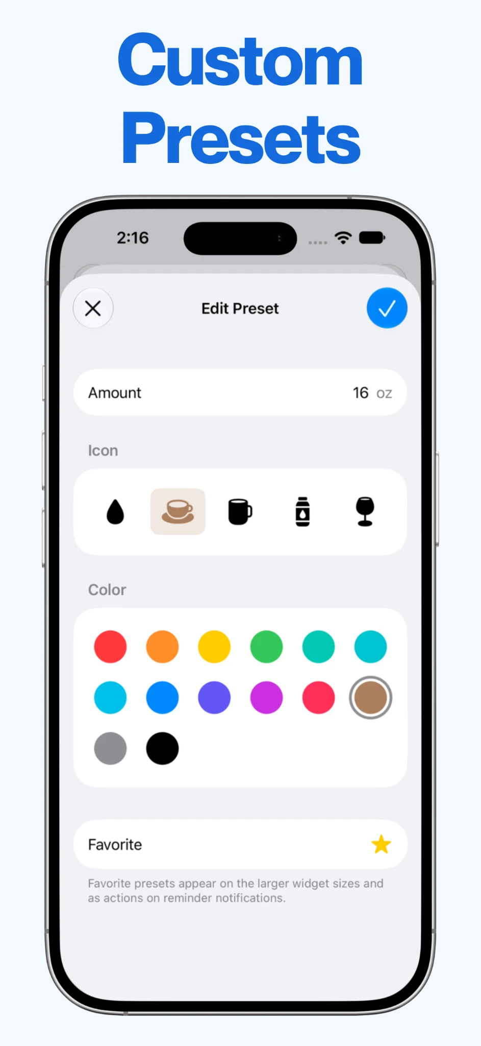 Water Log custom preset editor with amount, icon, color, and favorite settings