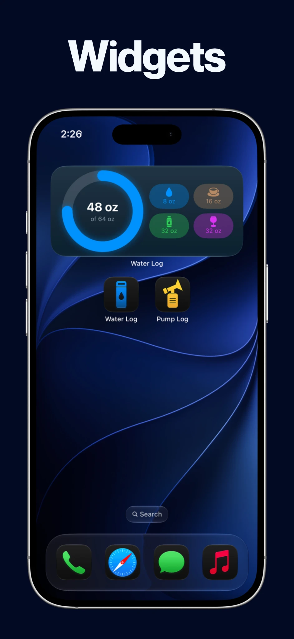 Water Log interactive Home Screen widget showing 48 of 64 oz daily progress and four favorite water presets